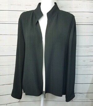 Eileen Fisher Open Jacket M Textured Rayon Silk Black Mock Neck Magnetic Snap